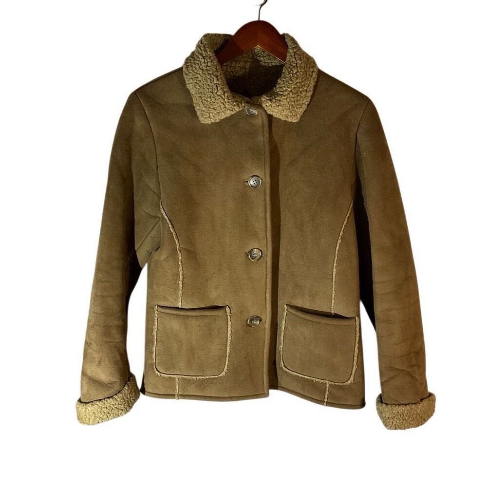 Fjall Sherpa Jacket, Small. Brown Pockets. Faux Suede, Shearling. Thick and warm